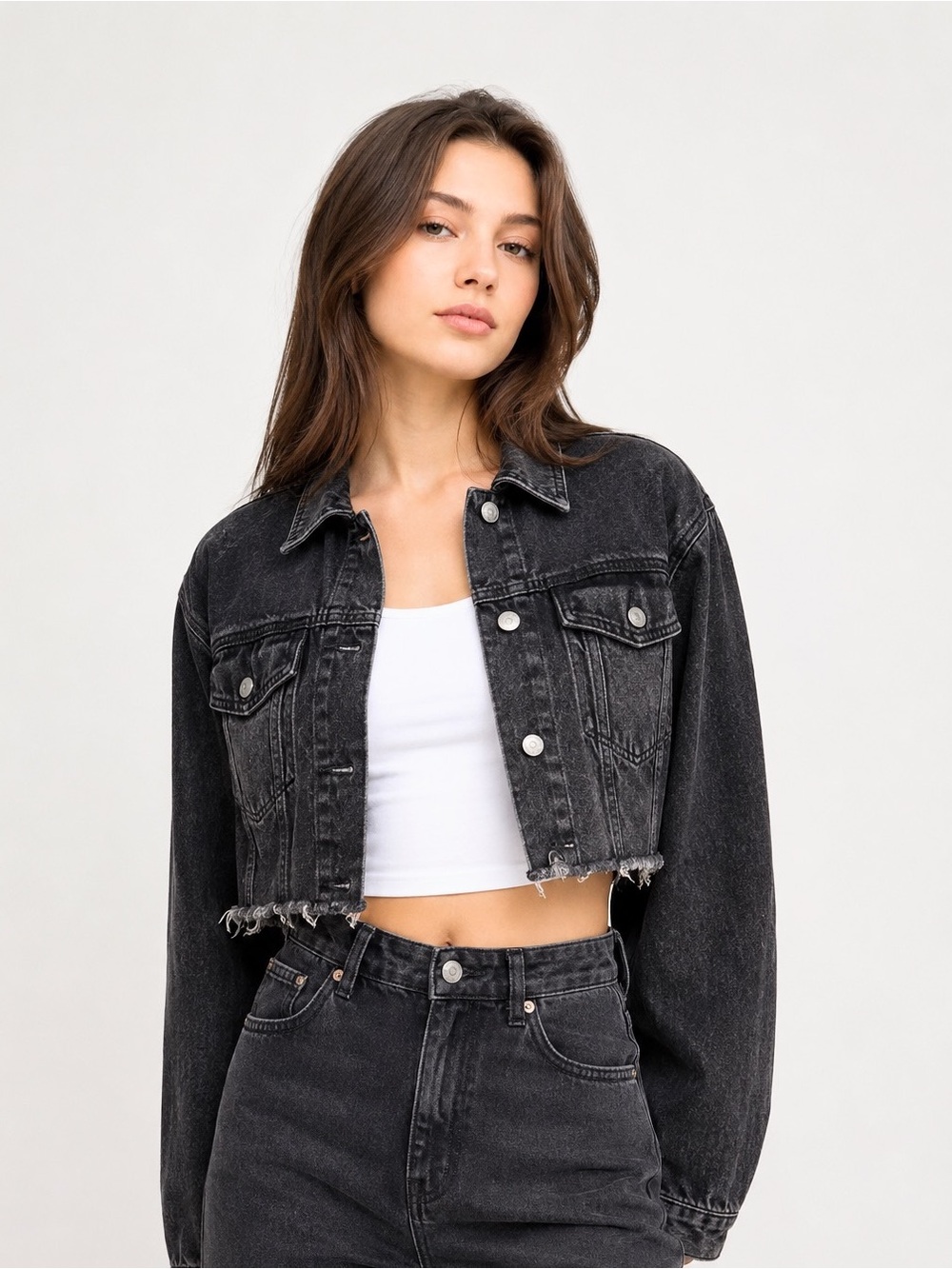 Black Acid Wash Cropped Denim Jacket Raw Hem Y2K Grunge Size L Highway